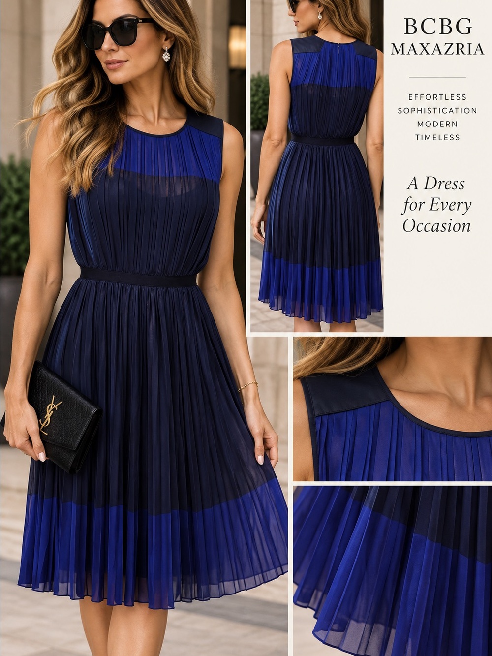 BCBGMaxAzria Add some Blue Midi Pleated Midi Dress M Cobalt Navy Colorblock